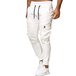 KONG JIMFAN Jogginghosen Herren Pants Cargohose Mit Taschen Jogginghose Extra Lang Herren Einsatzhose Hose Mit Seitentaschen Herren Cross Hose Herren Zimmermannshose Jogginhose(Weiß,M) von KONG JIMFAN