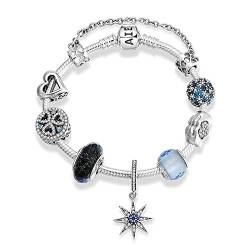 KPERXIS 925 Sterling Silber Charm Blue Star Zirkon Armband mit Schönen Perlen Anhänger Modeschmuck Damen Zubehör, 22cm von KPERXIS