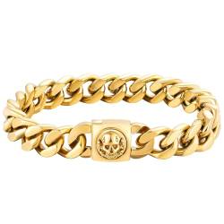 KRKC&CO 12mm Herren Armband mit Totenkopf Verschluss, 18K Gold beschichtet Panzerarmband, breite dicke Edelstahl Cuban Armband, Hip Hop Wikinger Biker Schmuck Geschenk für Männer Jungs [Länge 19cm] von KRKC & CO keep real keep champion