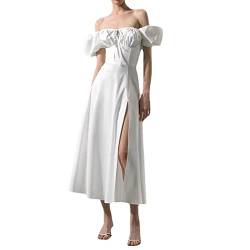 KRUPTI Schulterfreies Kleid mit Blasenärmeln für Damen Reiseurlaub Strandkleid Party Clubbing-Kleid Kleid mit hoher Taille Elegantes geteiltes langes Kleid mit Schnürung Weiß S von KRUPTI