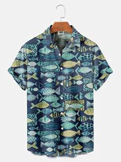 YANQSHM Hawaii Hemd,Herren Hawaiian Hemd Bunte Fische Print Shirt Summer Mystic Ocean Shirt Neuheitendruck Shirt Herren Hawaiian Blumenhemd Funky Party Beach Shirt, XXL von YANQSHM