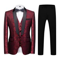 KUDORO Herren Anzüge Slim Fit 3-Teilig Paisley für Hochzeit Business Party Eine Knöpfe Jacquard Smoking Herrenanzug Sakko Weste Hose(Rot,XL) von KUDORO