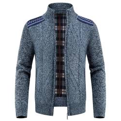 KUDORO Strickjacke Trachtenjacke Herren mit Reißverschluss Gestrickt Cardigan Wintermantel Strickjacke Sweatjacke Winterjacke Mit Stehkragen Fleecejacke(Blau,3XL) von KUDORO