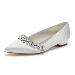 KUHAOFEU Damen Ballerina Strass-Brautschuhe Flache Niedrige Absatz Hochzeitsschuhe Spitze Zehenpartie, Zum Hineinschlüpfen Abendkleid Schuhe,Elfenbein,37 EU von KUHAOFEU