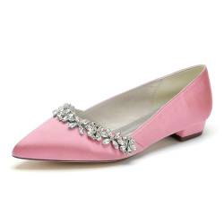 KUHAOFEU Damen Ballerina Strass-Brautschuhe Flache Niedrige Absatz Hochzeitsschuhe Spitze Zehenpartie, Zum Hineinschlüpfen Abendkleid Schuhe,Rosa,43 EU von KUHAOFEU