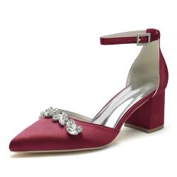 KUHAOFEU Damen Blockabsatz Riemchenpumps Strass Geschlossener Zehen Brautkleid Schuhe für Hochzeiten und Partys,Burgundy,39 EU von KUHAOFEU