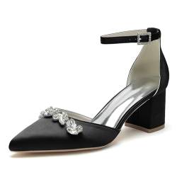 KUHAOFEU Damen Blockabsatz Riemchenpumps Strass Geschlossener Zehen Brautkleid Schuhe für Hochzeiten und Partys,Schwarz,37 EU von KUHAOFEU