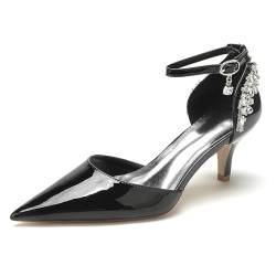 KUHAOFEU Damen Pumps Geschlossene Spitze Zehen Kätzchen Absatz Strass Hochzeitsschuhe mit verstellbarem Schnallenverschluss,Schwarz,41 EU von KUHAOFEU