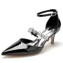 KUHAOFEU Damen Pumps Mit Niedrigem Absatz Knöchelriemen Geschlossene Zehen Brautschuhe Lackleder Strass Kätzchen Absatzen Für Party, Büro, Hochzeit,Schwarz,43 EU von KUHAOFEU