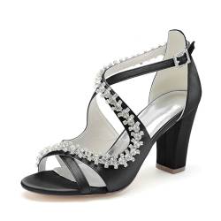 KUHAOFEU Sandalen Damen High Heels mit Strass Peep Toe Blockabsatz Sommerschuhe für Party Hochzeit,Schwarz,37 EU von KUHAOFEU