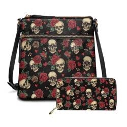 KUIFORTI 2-teiliges Set aus Schultertaschen und Geldbörsen für Damen, Tragetaschen, Leder, Crossbody-Börsen-Set, große Größe, Surge Skull Rose, Einheitsgröße von KUIFORTI