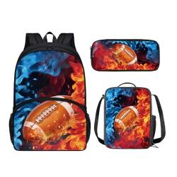 KUIFORTI 3-in-1-Schultaschen-Set für Kinder, Jungen, Rucksack, großer Rucksack mit isolierten Lunchbags, Federmäppchen-Set für Kinder, Vorschule, Flame Rugby-Fußball, Schulranzen-Set von KUIFORTI