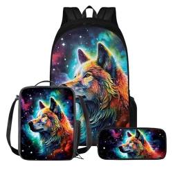 KUIFORTI Rucksack für Kinder, Schultaschen mit Lunchbox, Federmäppchen für Kinder, Jungen, 7–12 Büchertaschen, großer Rucksack für die Schule, Galaxie-Nachtwolf-Aufdruck, Einheitsgröße, Schulrucksack von KUIFORTI