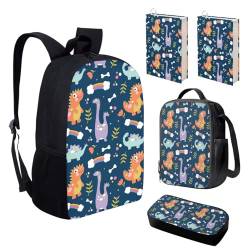 KUIFORTI Rucksack für Kinder und Mädchen, niedliches Schultaschen-Set mit Lunchbox, Federmäppchen, Buchhülle, 5-teiliges Set, Niedlicher Dinosaurier, Einheitsgröße, Schulrucksack von KUIFORTI