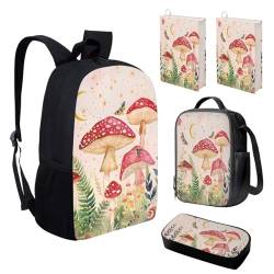 KUIFORTI Rucksack für Kinder und Mädchen, niedliches Schultaschen-Set mit Lunchbox, Federmäppchen, Buchhülle, 5-teiliges Set, Pilz-Schmetterling, Einheitsgröße, Schulrucksack von KUIFORTI