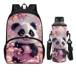 KUIFORTI Schulrucksack mit Wasserflaschenhalter-Set für Kinder, Jungen, Schultaschen, Wasserflasche, Tragetasche, Schulbüchertaschen, Rosa Panda, Schulranzen-Set von KUIFORTI