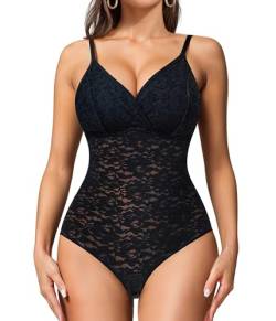 KUMAYES Shapewear Damen Bauchweg Bodysuit Formender Spitze Body Shaper Sculpting Thong Nahtlos Body Shaper für Damen Verstellbarer Schultergurt (black, XL) von KUMAYES