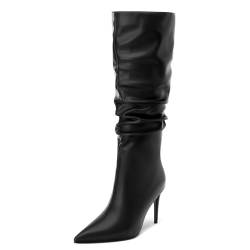 KUOARN Kniehohe Stiefel für Damen, Stiletto-Absatz, spitzer Zehenbereich, lässig, matt, 8,4 cm hoch, modisch, für Dating, Abschlussball, Party, Herbst und Winter, Schwarz, 41 EU von KUOARN