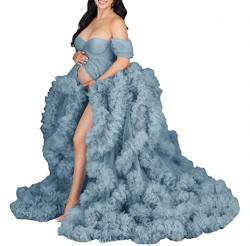 Schulterfreier Bademantel für Mutterschaft Fotoshooting Perspektive Langer Bademantel Puffy Tüll Robe Sheer für Frauen, dusty blue, 42 von KURFACE