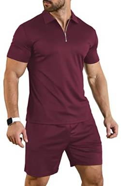 KUYIGO Herren Sommer Poloshirt & Shorts 2-teiliges Set Trainingsanzug Kleidung Mode Casual Loungewear Sets, weinrot, S von KUYIGO