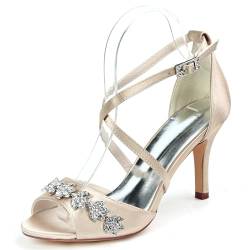 KVLHCSVA Damen High Heels Sexy Open Toe Schuhe mit Kitten-Design, Rhinestone-Schnalle, Knöchelriemen und Pumps für Hochzeits,Champagne,40 von KVLHCSVA