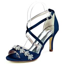 KVLHCSVA Damen High Heels Sexy Open Toe Schuhe mit Kitten-Design, Rhinestone-Schnalle, Knöchelriemen und Pumps für Hochzeits,Dark Blue,35 von KVLHCSVA