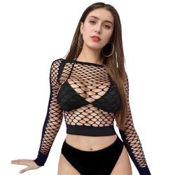 KWJEIULSOQ Netzshirt Damen Mesh Oberteil Rave Outfit Langarmshirts Netz Crop Freizeit Festival Oberteil, Netzoberteil Sexy Hollow Fishnet Oberteil Häkeltop Damen Sexy Bluse Tunika Casual Clubwear Tops von KWJEIULSOQ