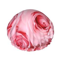 Duschhaube für Damen mit rosa Rosen-Print, doppellagig, wasserdicht, Badehaube, elastisch, wiederverwendbar, Duschhut, Haarschutz, Badehut für Spa-Salon, Baden, Damen von KWQDOZF