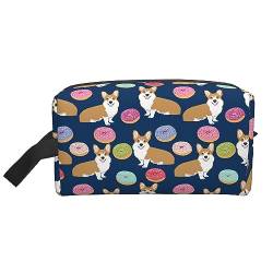 Reise-Kulturtasche mit Corgi- und Donuts-Motiv, große Kapazität, Reise-Make-up-Tasche, tragbarer Kosmetik-Organizer, Aufbewahrungstasche für Damen und Herren von KWQDOZF