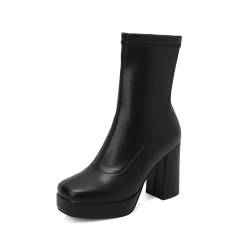 KYOESCAI Damen Klassische Plateau Stiefeletten Quadratische Zehe Blockabsatz Kurzschaft Stiefel Anzugstiefel,Schwarz,43 EU von KYOESCAI