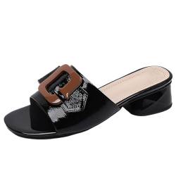 Damen Sandalen Niedrige Absätze Sandalen Slip-On Offene Zehensandalen Bequeme Freizeitschuhe(Black,43 EU) von Kaaeaoa