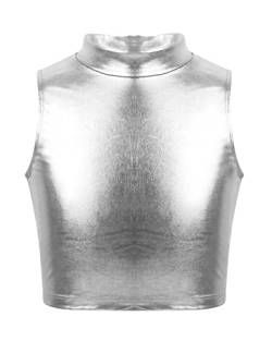 Kaerm Kinder Mädchen Metallic BH Glitzer Sport Bra Top Bralette Yoga Bustier Stehkragen Tanz Shirt Bauchfrei Bikini Oberteil Für Fasching Karneval Party Silber 158-164 von Kaerm