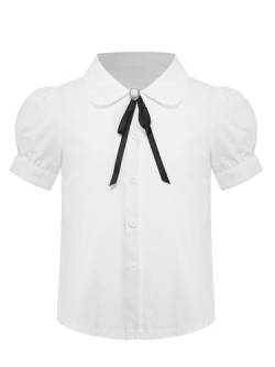 Kaerm Mädchen Schuluniform Rüschen Weißes Blusen Kinder Puppenkragen Shirt Puffärmel Oberteil Mit Schleife Vorne Gr. 110-164 Typ A 128-134 von Kaerm