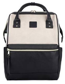 Kah&Kee Damen Leder Rucksack -Wasserdicht 15 Zoll Elegant Laptop-Taschen für Lehrerinnen & Büro-Arbeit, ideal für Reisen (Beige/Schwarz, mittel) von Kah&Kee