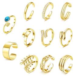 Kakonia 12 Stück Zehenring Zehenringe für Damen Frauen Gold Silber Luamaya Boho Wasserfest Kupfer Glitzer Verstellbare Offene Strand Fußring Türkis Schmuck Set von Kakonia