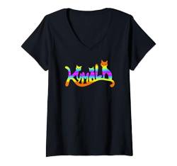 Damen Kamala Katze Typografie Regenbogen T-Shirt mit V-Ausschnitt von Kamala Cat Tees