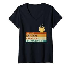 Damen Niedliche kinderlose Katzendame wählt Kamala Harris Präsident T-Shirt mit V-Ausschnitt von Kamala Harris President 2024 Election Accessories