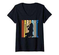 Damen Karaoke Retro Silhouette Sängerin Bühne T-Shirt mit V-Ausschnitt von Karaoke Musik Enthusiasten Party Spaß Liebhaber