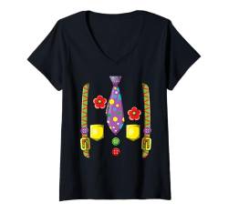 Damen Bunter Clown Karneval Punkte Krawatte Blumen T-Shirt mit V-Ausschnitt von Karneval Faschingskostüm Alaaf Helau Rosenmontag