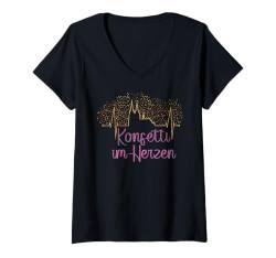 Damen Fasching Konfetti Im Herzen Stadt Skyline Herzschlag T-Shirt mit V-Ausschnitt von Karneval Faschingskostüm Alaaf Helau Rosenmontag