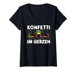 Damen Fasching Konfetti Im Herzen T-Shirt mit V-Ausschnitt von Karneval Faschingskostüm Alaaf Helau Rosenmontag