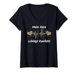 Damen Karneval Mein Herz schlägt Konfetti T-Shirt mit V-Ausschnitt von Karneval Faschingskostüm Alaaf Helau Rosenmontag