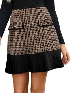 Damen Rock High Waist Faltenrock Tweed Karo Minirock Kurz Karierter Freizeitrock Elegant Mini Short Skirt Taschendekoration Schwarz-KaffeeTweed Karo L von Kate Kasin