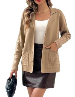 Kate Kasin Damen Elegant Langarm Cardigan Baumwolle Oberteile mit Tasche Khaki XXL von Kate Kasin