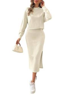 Kate Kasin Damen Strickkleid Pullover Zweiteilige Langärmeliges Pullover Oberteil Rock Midirock Bodycon 2 Stück Set Midikleid Rollkragen Pulloverkleid Beige XXL von Kate Kasin