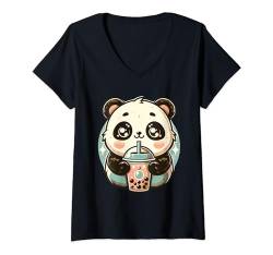 Damen Kawaii Panda trinkt Boba Bubble Tee Süß Anime für Kinder T-Shirt mit V-Ausschnitt von Kawaii Chibi Panda Bear Bubble Tee Boba Outfits
