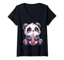 Damen Panda Kawaii Boba Bubble Tee Süß Anime für Kinder T-Shirt mit V-Ausschnitt von Kawaii Chibi Panda Bear Bubble Tee Boba Outfits