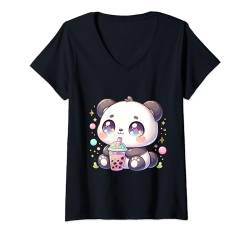 Damen Panda Kawaii Boba Bubble Tee Süß Anime für Kinder T-Shirt mit V-Ausschnitt von Kawaii Chibi Panda Bear Bubble Tee Boba Outfits