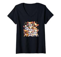 Damen Kawaii Anime Frenchie Französische Bulldogge Kinder Damen T-Shirt mit V-Ausschnitt von Kawaii Tees