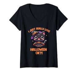 Damen Kawaii Anime Katze Hexe Halloween Kinder T-Shirt mit V-Ausschnitt von Kawaii Tees